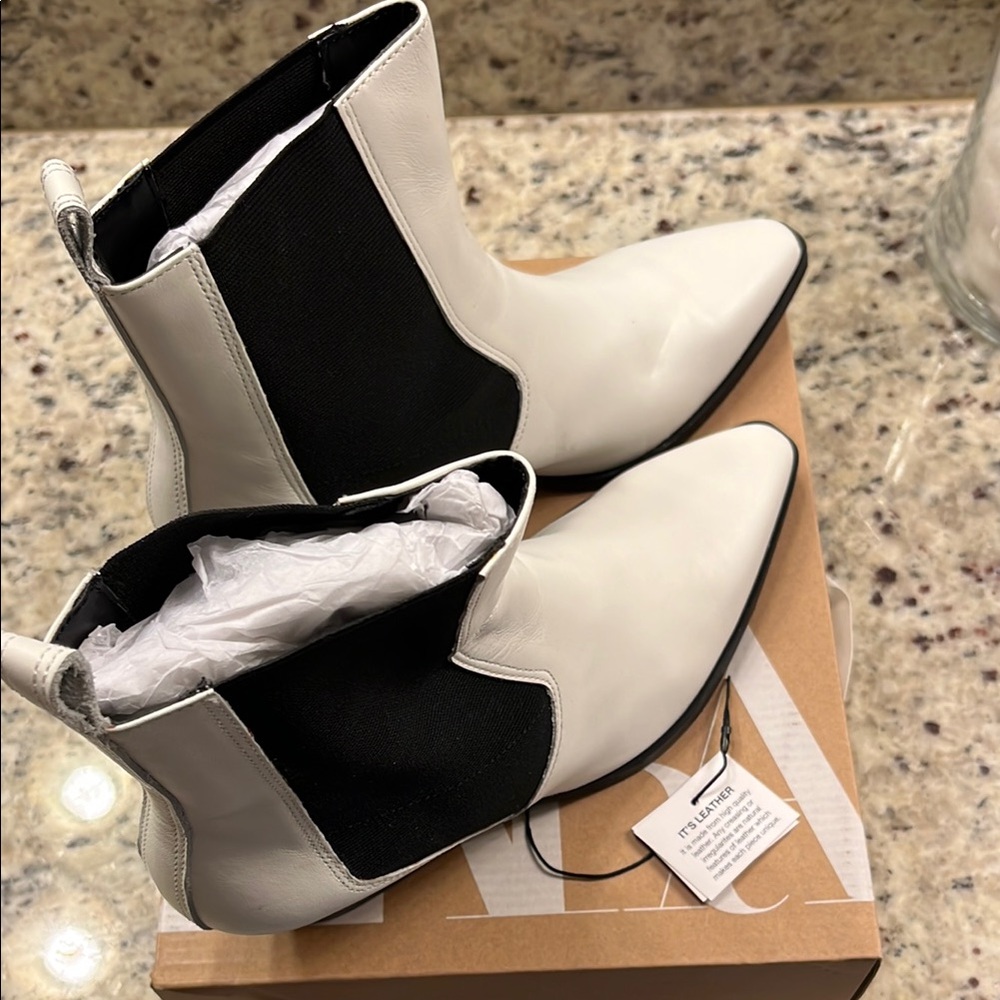 Zara White and Black Cowboy Ankle Boots with Classic Design